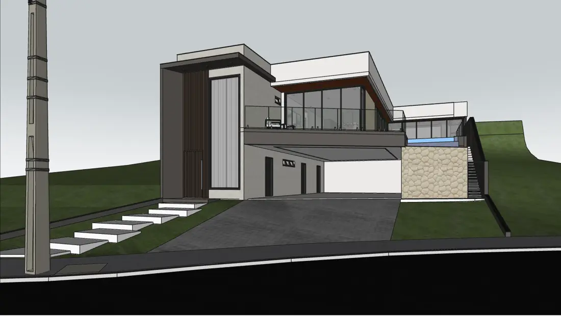 Print SketchUp — Casa 1, fachada noturna