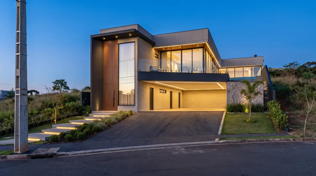 Render dirigido com IA — Casa 1, fachada noturna