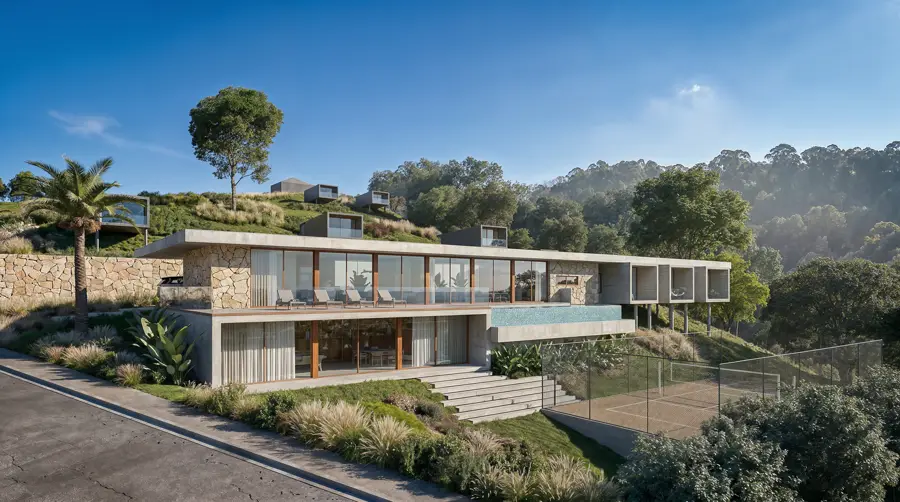 Render dirigido com IA — Casa 3, vista aérea